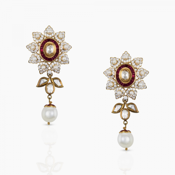 Uncut Diamonds & Ruby Baguette Flower Earrings
